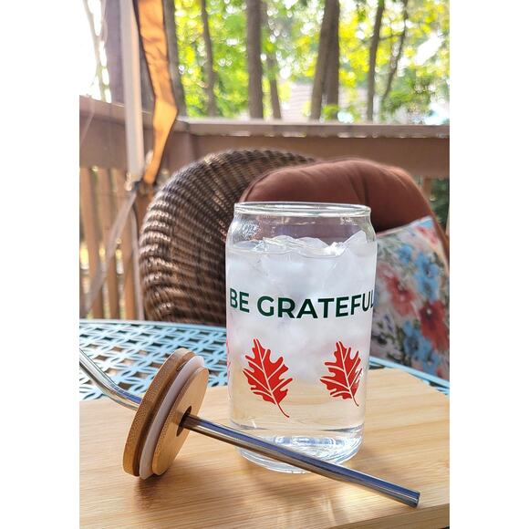 Eco-Friendly Gratitude Jar: Glass Can-shaped glass w/bamboo lid and metal straw, - Picture 2 of 10
